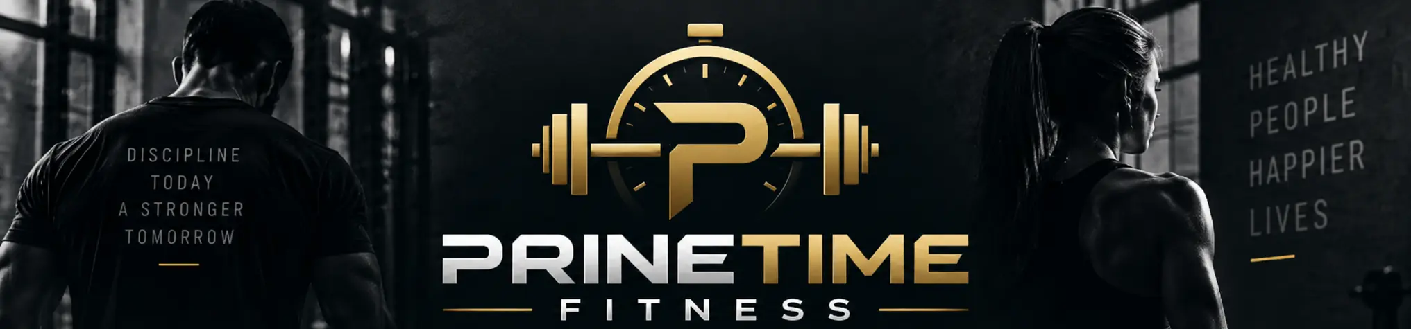 Prine Time Fitness gold and silver emblem with strength-training imagery